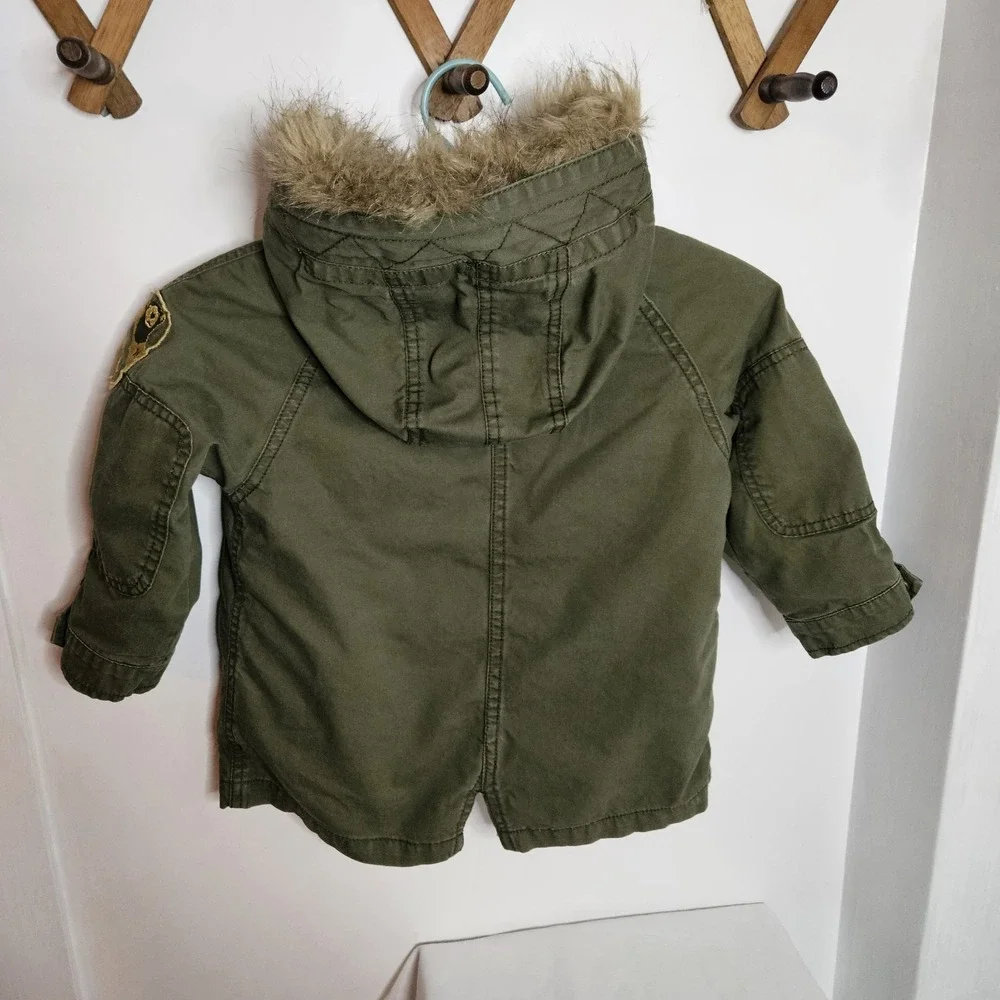 Zara Baby Boy‎  Army Green Faux Fur Hooded Winter Jacket Coat Size 18 24 Months